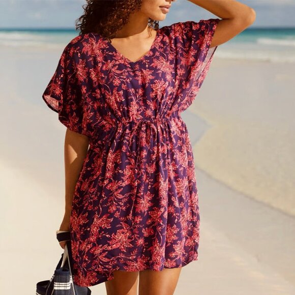 NWT LANDS’ END Floral Kaftan Cover-up Mini Dress - Picture 1 of 14